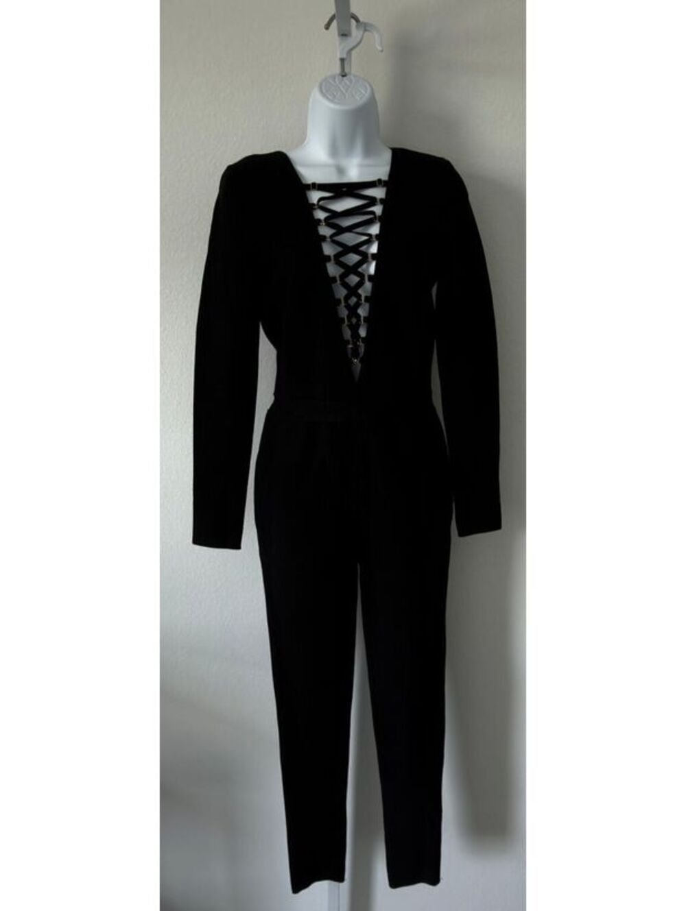 Hera Collection Black Lace-Up Plunge Jumpsuit Women's Size Medium